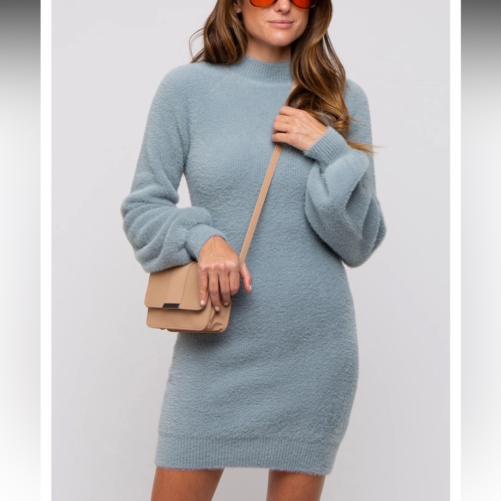Light Blue Fuzzy Knit Puff Sleeve Sweater Dress